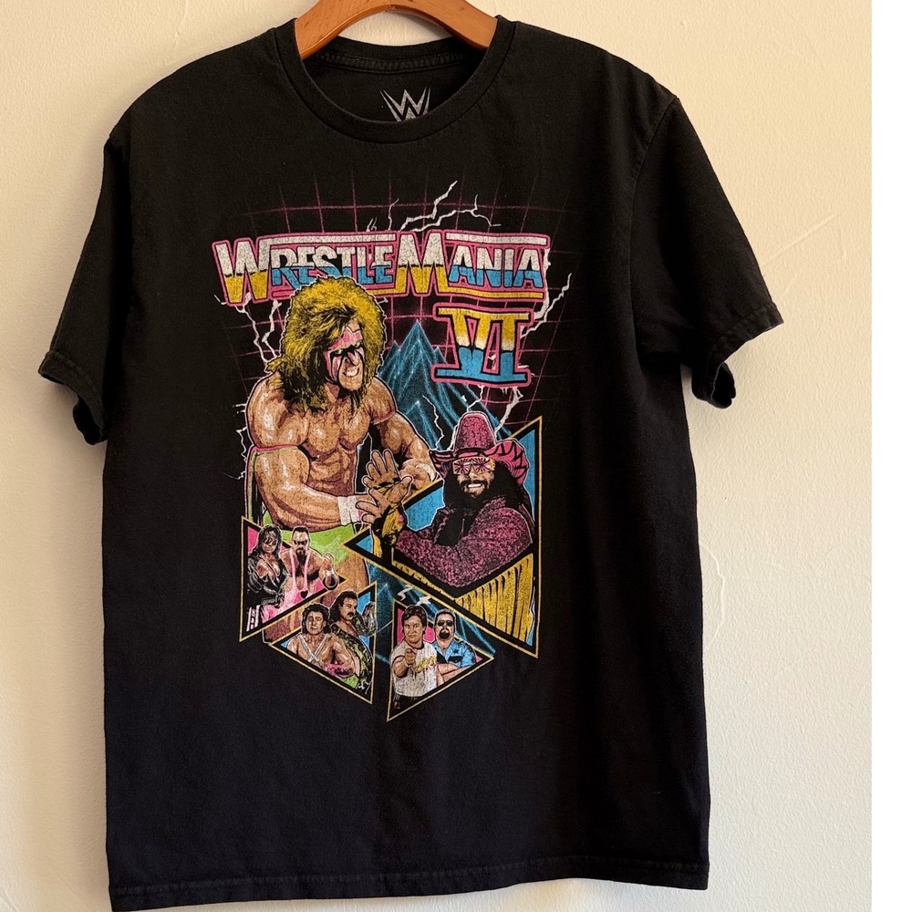 WWE WrestleMania VI T Shirt Mens Medium Black Ultimate Warrior Macho Man Retro